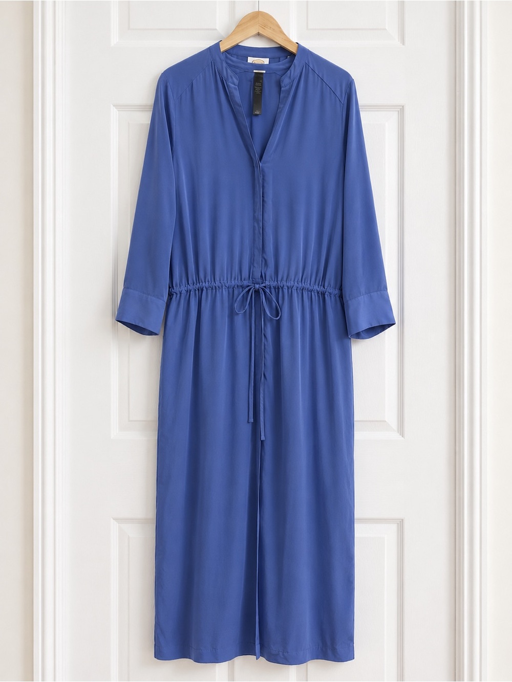 Chico’s Black Label Blue Satin Maxi Dress M Long Sleeve Drawstring Button Front - Picture 3 of 11